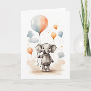 Cartão Elefante aquarela fofa balões vermelhos azuis em b