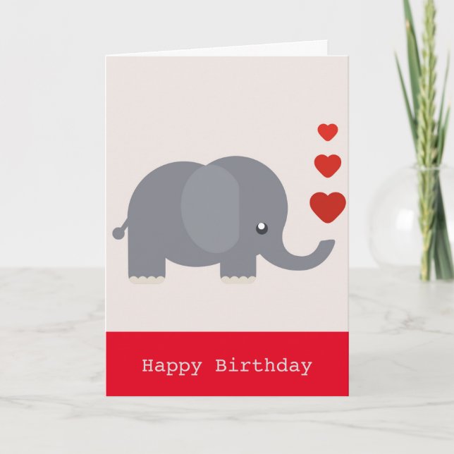 Cartão Elefante bonito com amor de aniversário de coraçõe (Frente)