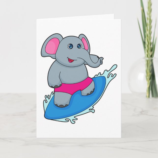 Cartão Elefante como Surfista com Prancha de Surfe (Frente)