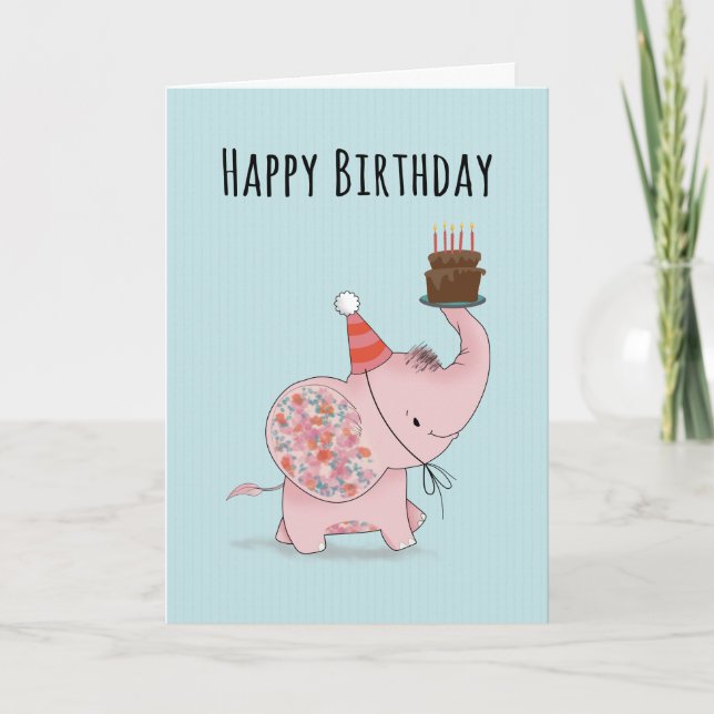 Cartão Elefante de Aniversário com Bolo (Frente)