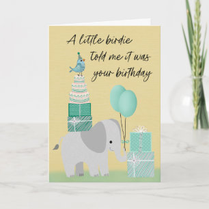 Cartão Elefante de Aniversário com um Passarinho