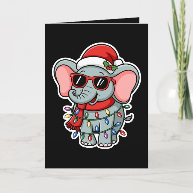Cartão Elefante de Natal Luzes Óculos de Sol Chapéu do Pa (Frente)