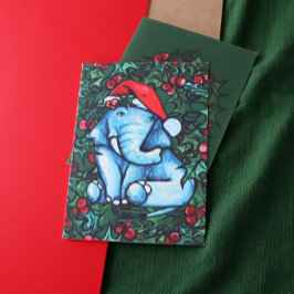 Cartão Elefante de Natal Yule com Azevinho