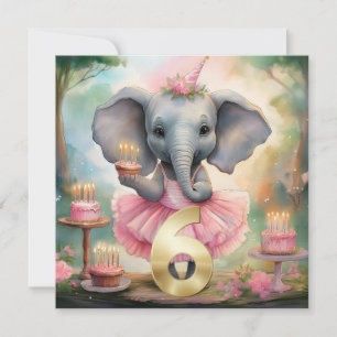 Cartão Elefante em tutu cor-de-rosa Feliz 6 aniversário