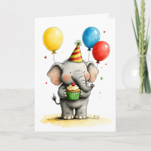 Cartão Elefante Fofo com Bolo de Aniversário Infantil Fel