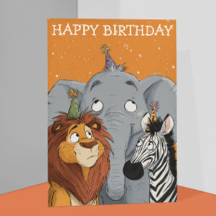 Cartão Elefante Leão Zebra de Aniversário 