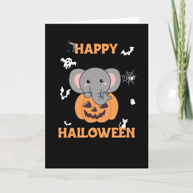 Cartão Elefante No Abóbora Elefante Fofo Feliz Halloween (Frente)