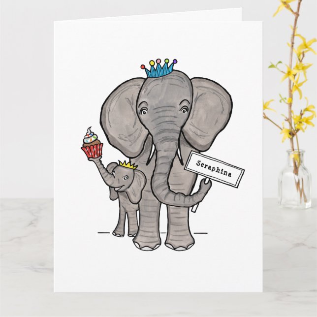 Cartão Elefante Personalizado e Bebê (Flor Amarela)