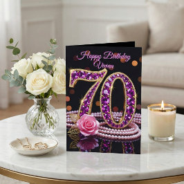Cartão Elegant 70th Birthday Gold Purple Amethyst Rose 