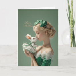 Cartão Elegant BDay Card with Lady & White Bunny in Lace