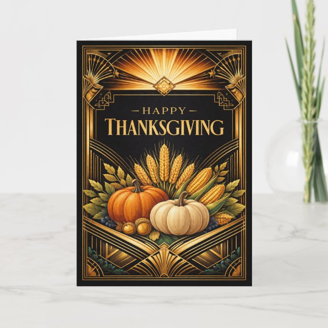 Cartão Elegant Black Gold Art Deco Thanksgiving Harvest (Frente)