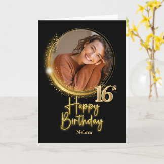 Cartão Elegant Black & Gold Photo Name 16th Birthday