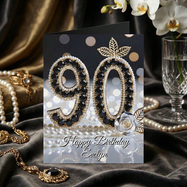 Cartão Elegant Black Jewels Pearls And Gold 90th Birthday (Criador carregado)
