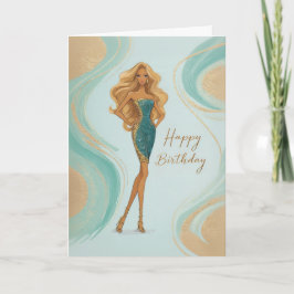 Cartão Elegant Blonde in Teal Gold Glam Gown Birthday