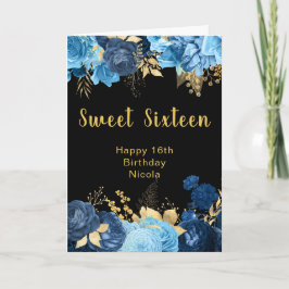 Cartão Elegant Blue and Gold Flowers Sweet Sixteen