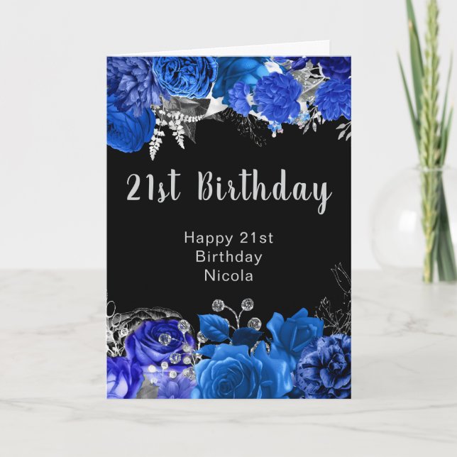 Cartão Elegant Blue and Silver Flowers Birthday Party (Frente)