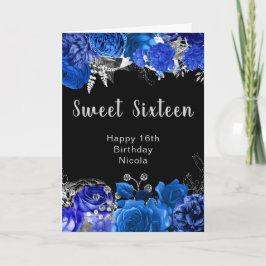 Cartão Elegant Blue and Silver Flowers Sweet Sixteen
