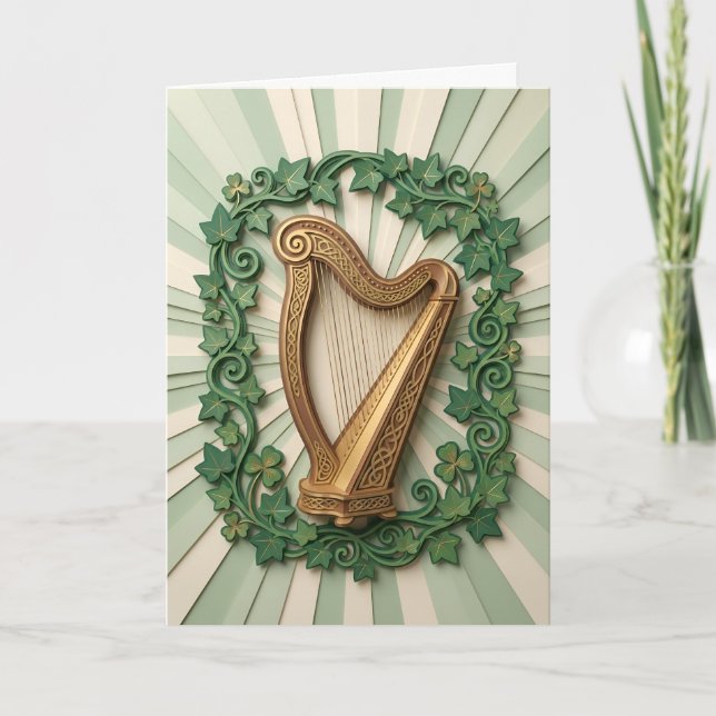 Cartão Elegant Celtic Harp Shamrock St Patricks Day (Frente)