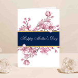 Cartão Elegant Cherry Blossoms Mother's Day<br><div class="desc">Make her feel truly special this year with a card as beautiful as she is. This eye-catching Mother's Day card features lush, hand-drawn botanical cherry blossoms framing a navy blue and faux gold foil banner with elegant script font "Happy Mother's Day" wording. Easily customize the message inside and even add...</div>