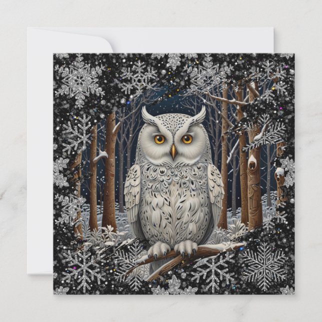 Cartão Elegant Christmas white owl woodland winter forest (Frente)