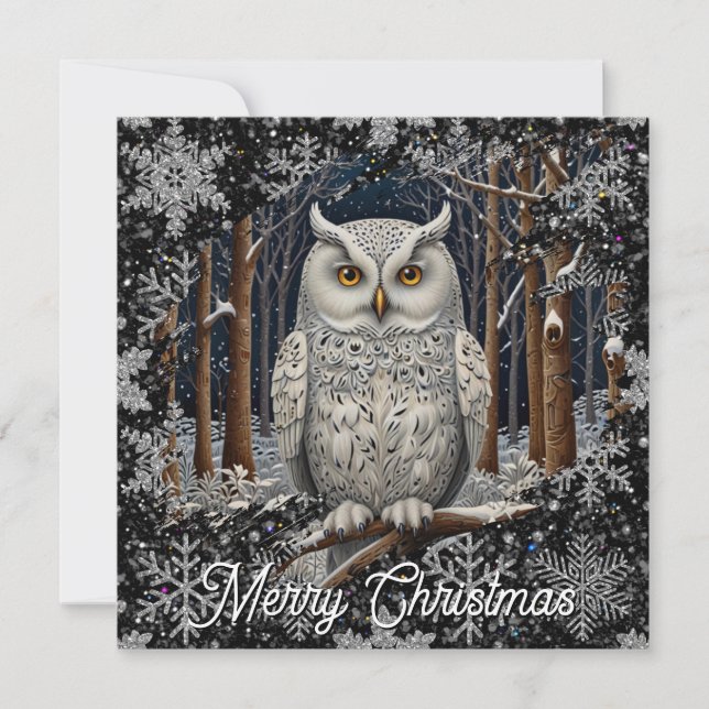 Cartão Elegant Christmas white owl woodland winter forest (Frente)