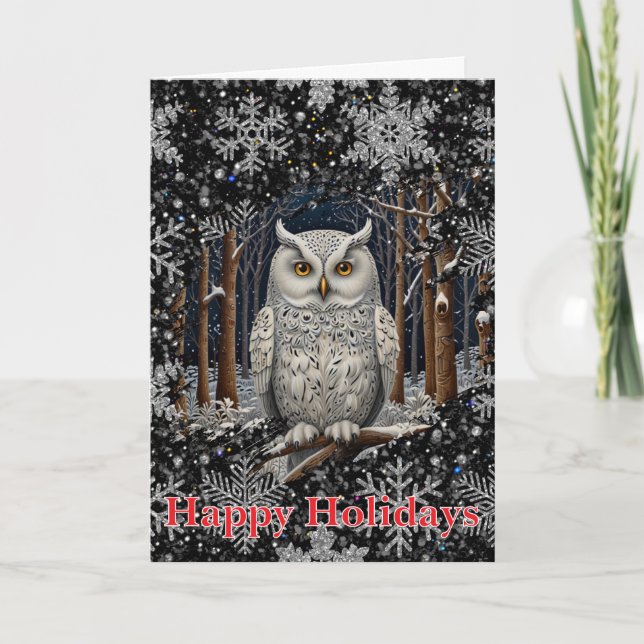 Cartão Elegant Christmas white owl woodland winter forest (Frente)