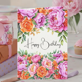 Cartão Elegant Floral Orange Pink Peonies Happy Birthday