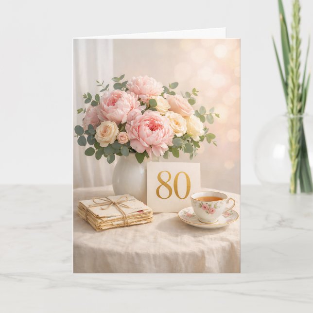 Cartão Elegant Gold “80” Floral Tea Party 80th Birthday (Frente)