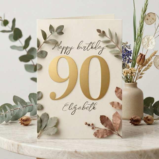 Cartão Elegant Gold Eucalyptus Botanical 90th Birthday (Criador carregado)