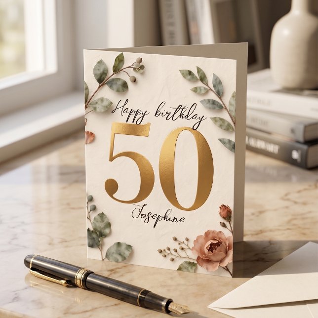Cartão Elegant Gold Numbers Botanical 50th Birthday Card (Criador carregado)