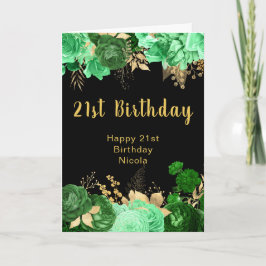Cartão Elegant Green and Gold Flowers Birthday Party