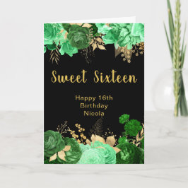 Cartão Elegant Green and Gold Flowers Sweet Sixteen