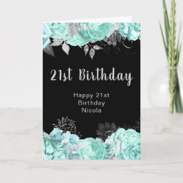 Cartão Elegant Green and Silver Flowers Birthday Party