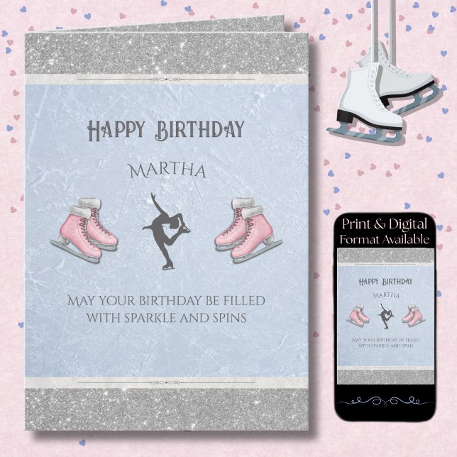 Cartão Elegant Ice Skating Glitter Figure Skate Birthday  (Send a card with grace and style with a personalized figure skater birthday card )