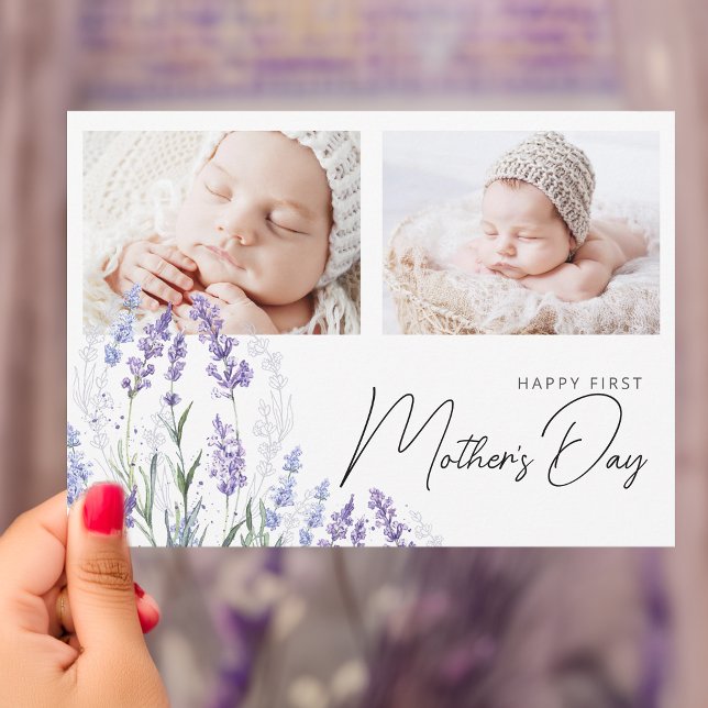 Cartão Elegant Lavender First Mother's Day 2 Photos Flat (Elegant Lavender First Mother's Day 2 Photos Flat Card)