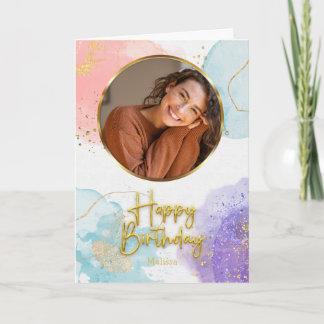 Cartão Elegant Pastel Gold Script Circle Photo Birthday