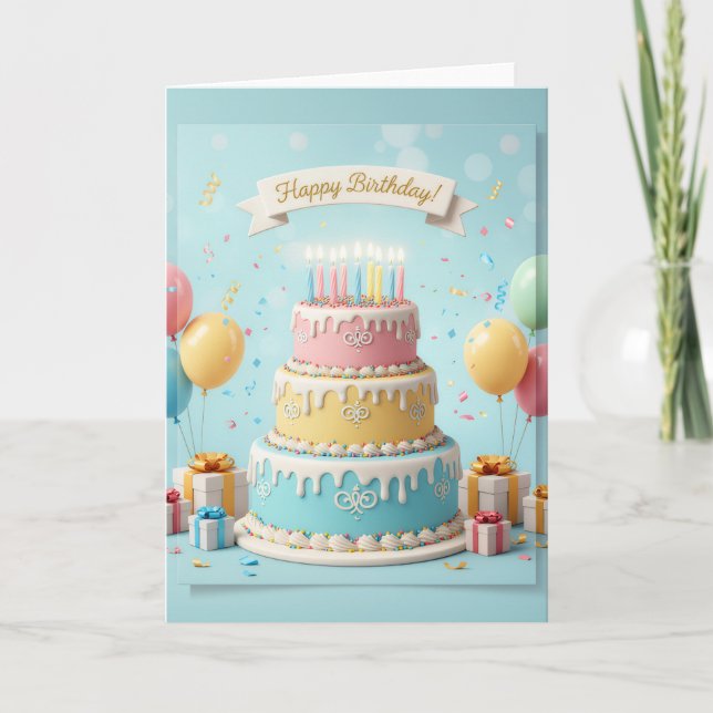 Cartão Elegant Pastel Tier Cake – Happy Birthday Card (Frente)