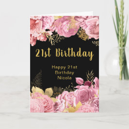 Cartão Elegant Pink and Gold Flowers Birthday