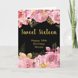 Cartão Elegant Pink and Gold Flowers Sweet Sixteen