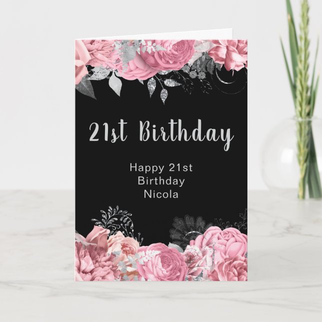 Cartão Elegant Pink and Silver Flowers Birthday (Frente)