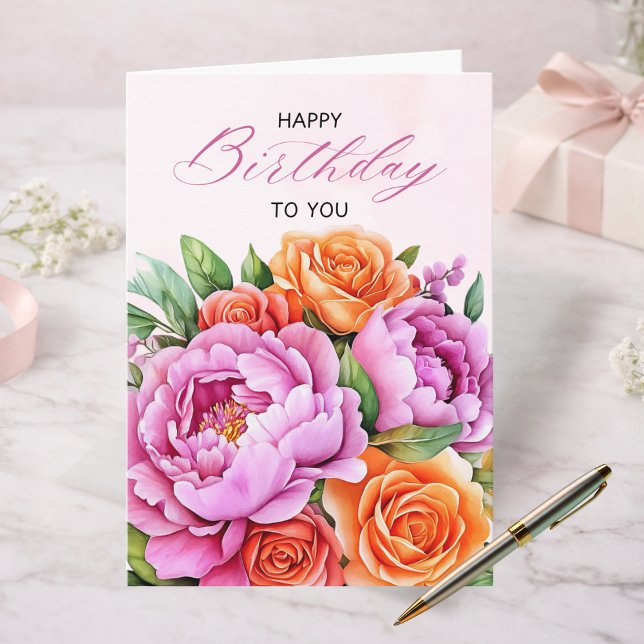 Cartão Elegant Pink Peonies Floral Happy Birthday Card (Criador carregado)