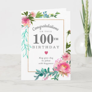 Cartão Elegant Pink Peony Floral 100th Birthday
