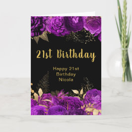 Cartão Elegant Purple and Gold Flowers Birthday