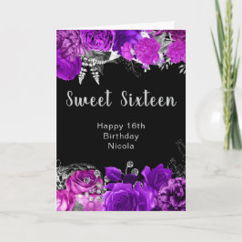 Cartão Elegant Purple and Silver Flowers Sweet Sixteen 