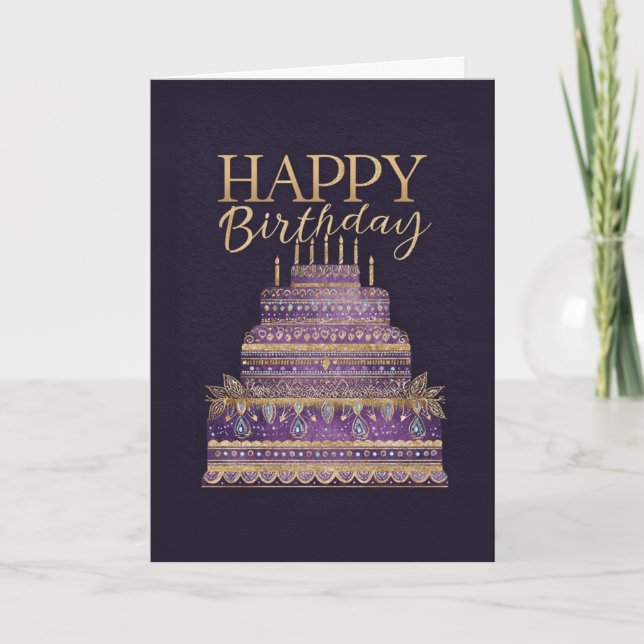 Cartão Elegant Purple & Gold Birthday Cake (Frente)