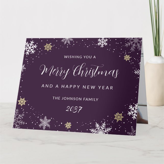 Cartão Elegant Purple Snowflakes Photo Holiday Card (Frente)