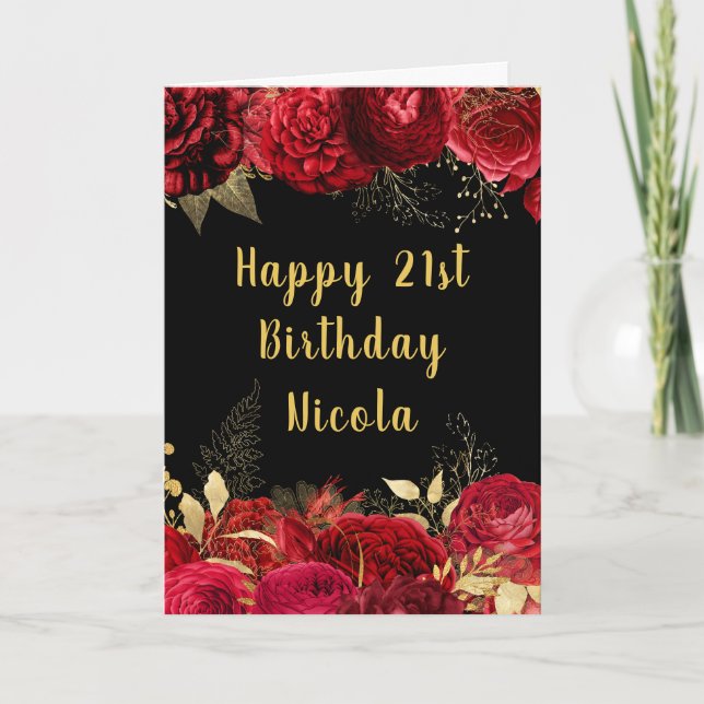 Cartão Elegant Red and Gold Flowers Birthday (Frente)