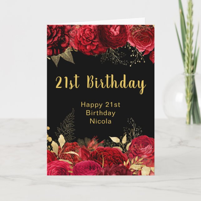Cartão Elegant Red and Gold Flowers Birthday (Frente)