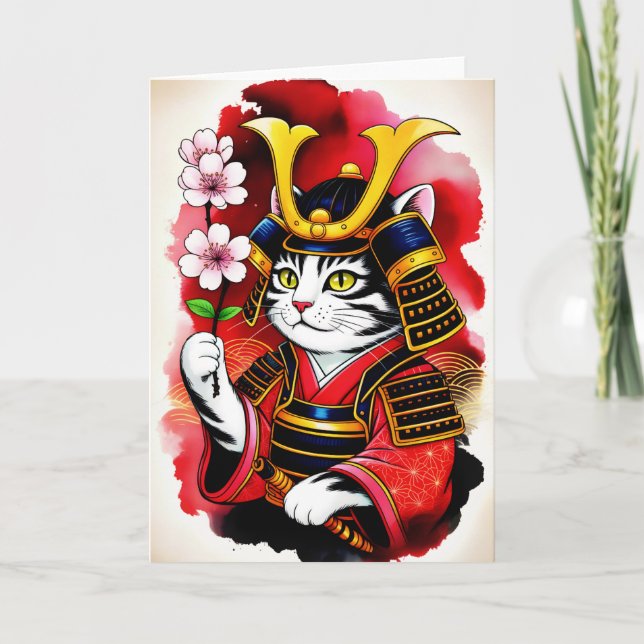 Cartão  Elegant Samurai Cat Cherry for birthday, Thank Yu (Frente)