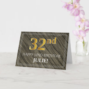 Cartão Elegante 32º Aniversário: Faux Wood, Faux Dourad